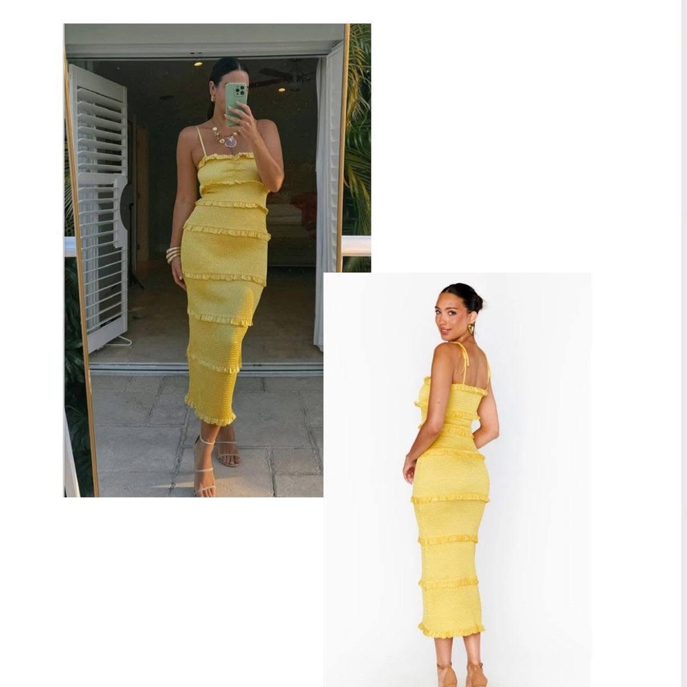 Show Me Your MuMu Stella Smocked Midi Dress in Yellow Luxe Satin